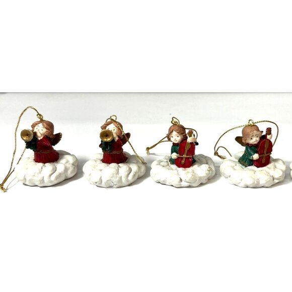 Set Of 4 Christmas Angel Ornaments Playing Instruments On Clouds - Picture 1 of 4